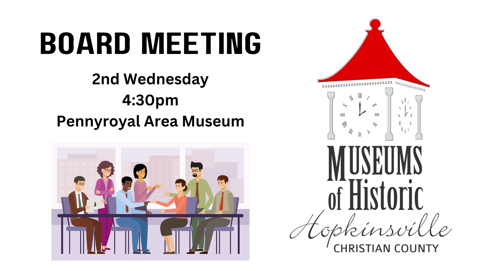 Board meeting announcement with museum logo featuring clock tower