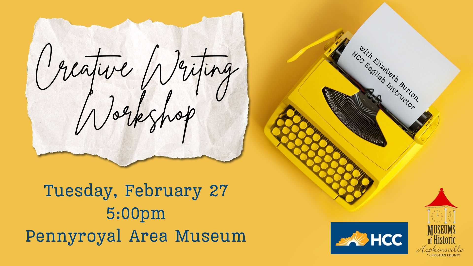 Yellow background with a typewriter announcing Creative Writing Workshop on February 27 at 5pm