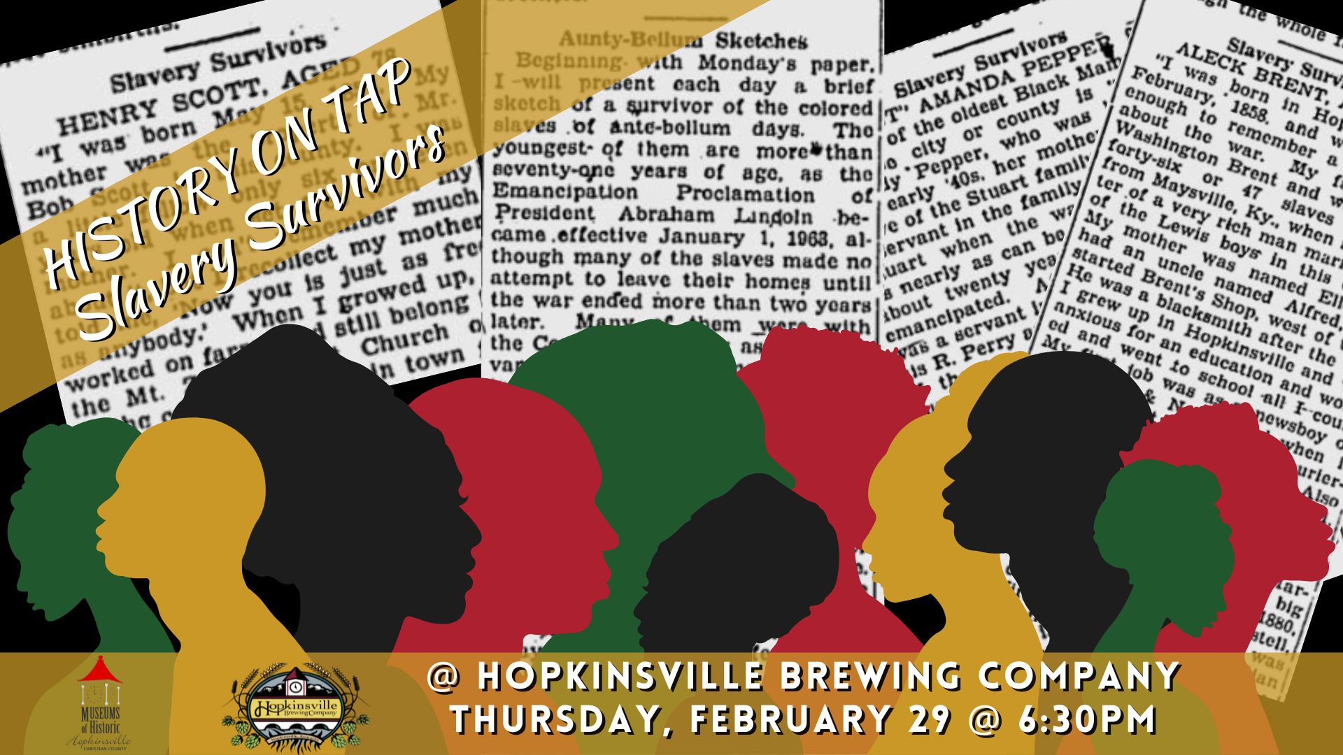 Silhouettes of African Americans overlay newspaper clippings with information about History on Tap on February 29