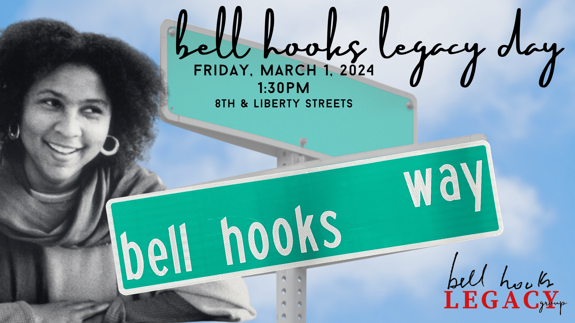 Street sign showing name bell hooks way with a picture of bell hooks