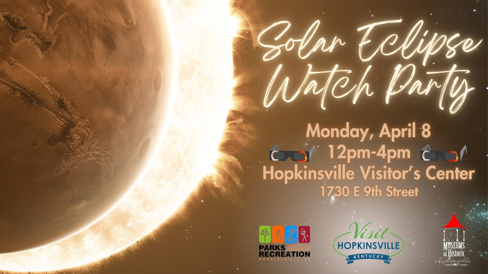 The moon eclipses the sun in this image to promote a Solar Eclipse Watch Party on Monday, April 8 from noon until 4pm