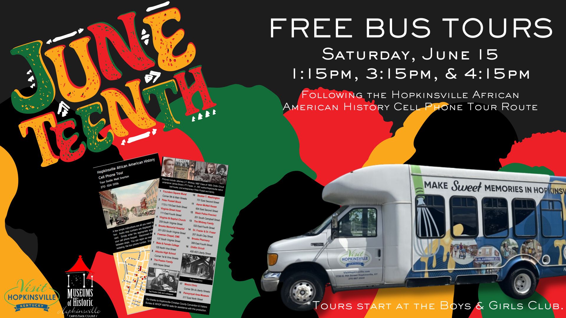 A black background with silhouettes in green, yellow, and red. Free bus tours on Saturday, June 15 for Juneteenth.