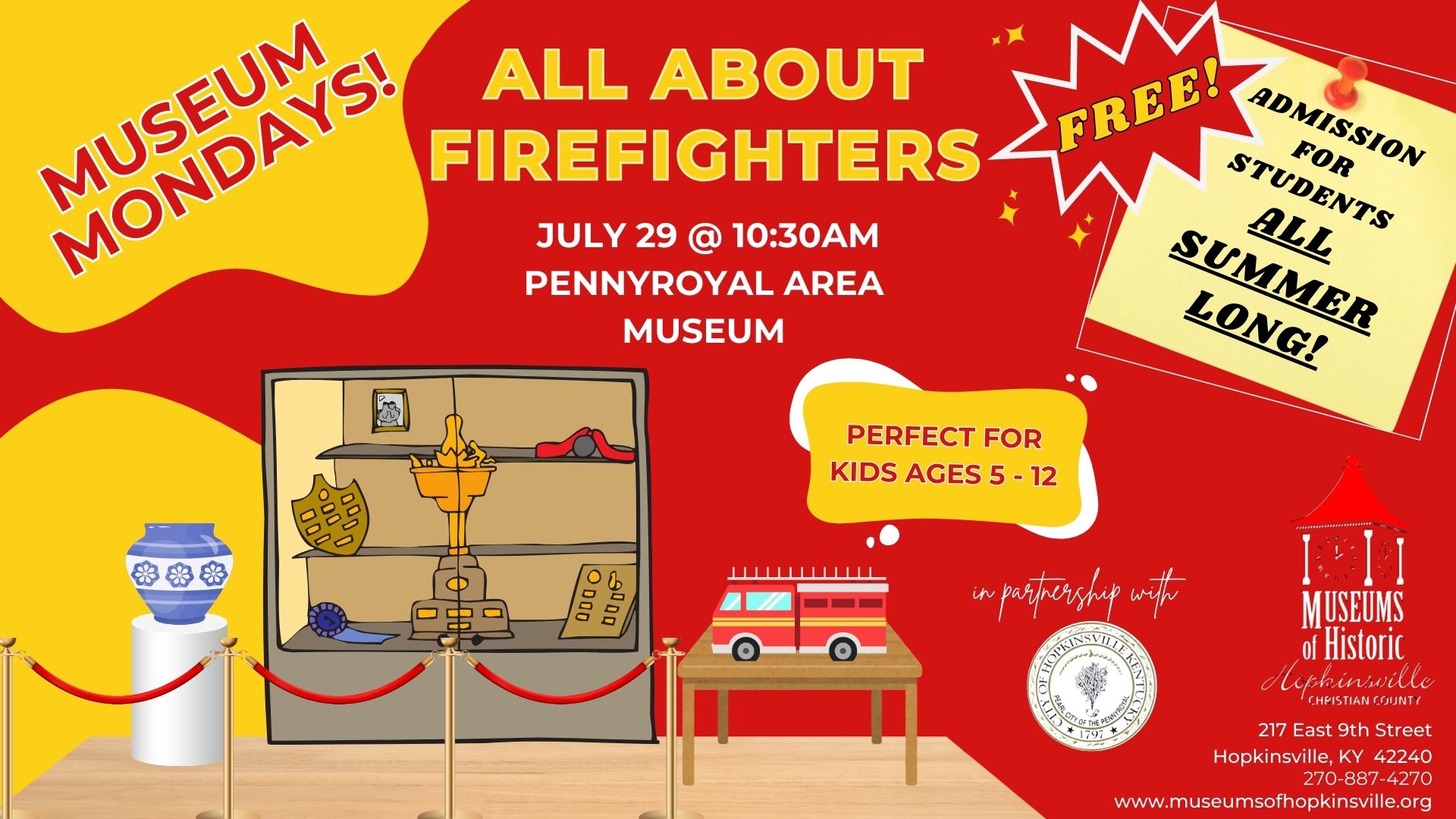An exhibit featuring a blue and white vase, an exhibit case with artifacts, a table with an open book, and the painting "Girl with a Pearl Earring" create a museum vista. Museum Mondays featuring the topic "All About Firefighters" on July 29, 2024 at 10:30am at the Pennyroyal Area Museum. Free admission to all students all summer.