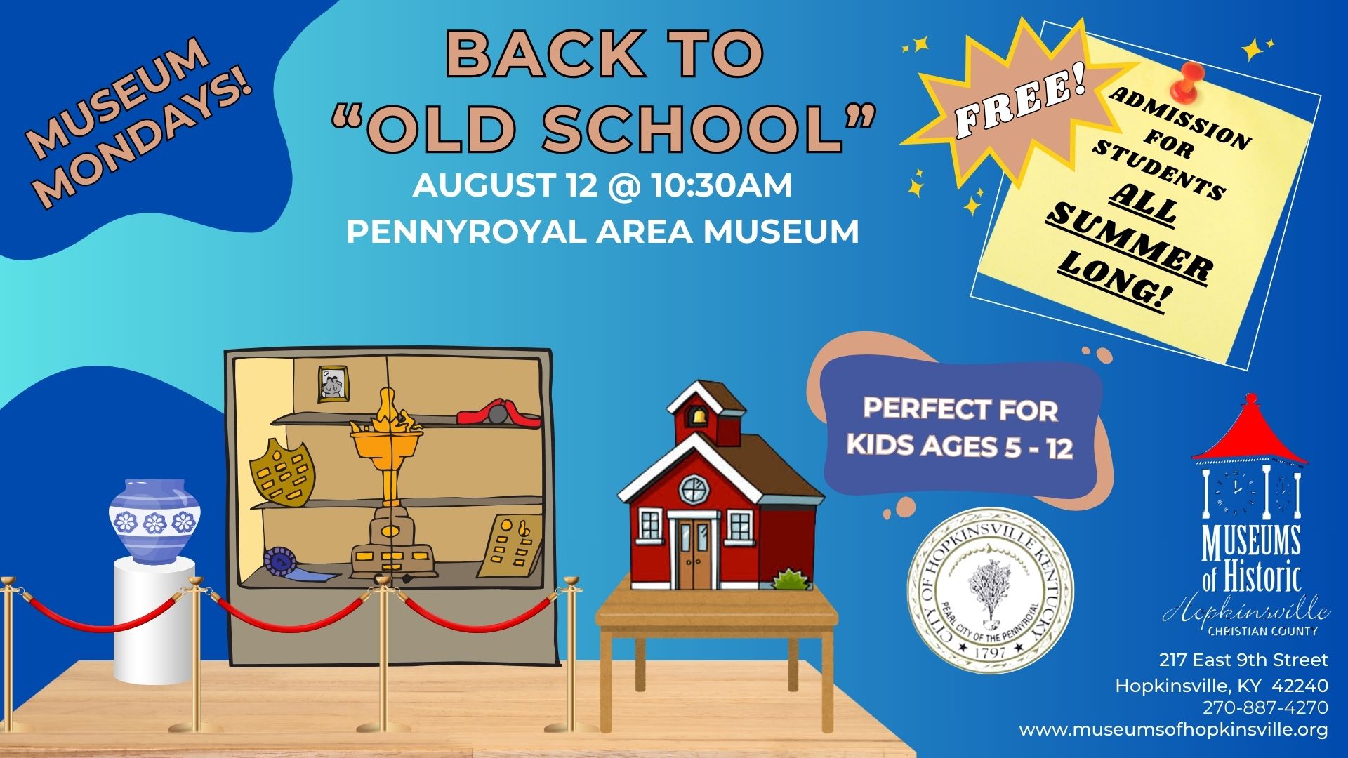 An exhibit featuring a blue and white vase, an exhibit case with artifacts, a table with an old schoolhouse model, and the painting "Girl with a Pearl Earring" create a museum vista. Museum Mondays featuring the topic "Back to Old School" on August 12, 2024 at 10:30am at the Pennyroyal Area Museum. Free admission to all students all summer.