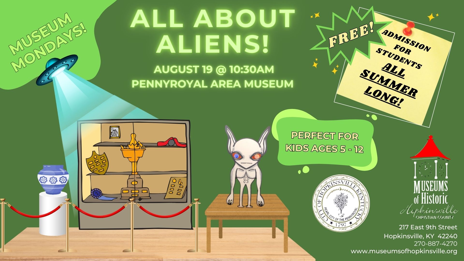 An exhibit featuring a blue and white vase, an exhibit case with artifacts, a table with an alien, and the painting "Girl with a Pearl Earring" create a museum vista with a spaceship. Museum Mondays featuring the topic "All About Aliens" on August 19, 2024 at 10:30am at the Pennyroyal Area Museum. Free admission to all students all summer.