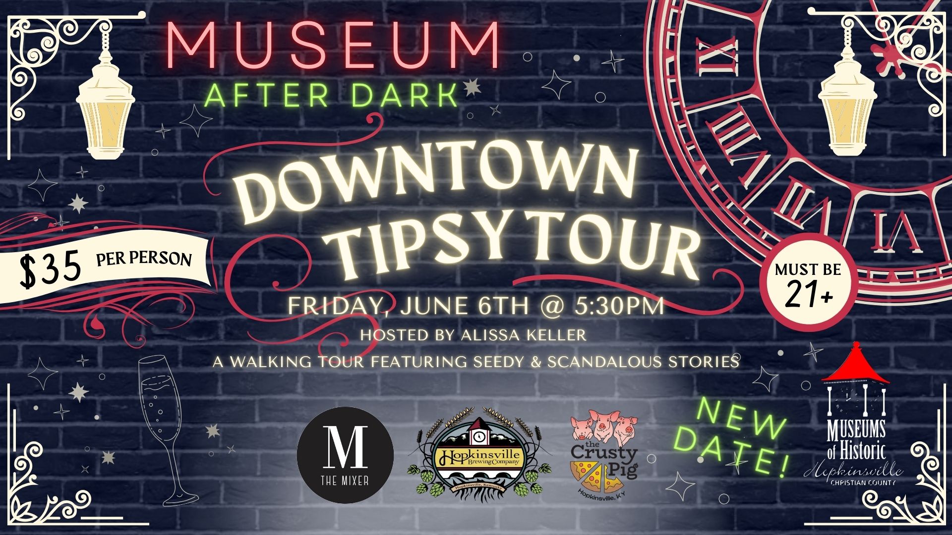 Black background with street lights announcing the Downtown Tipsy Tour, June 6 at 5:30pm. Logos for The Mixer, Hopkinsville Brewing Company, and the Crusty Pig are centered at the bottom with the words "New Date!" in green.