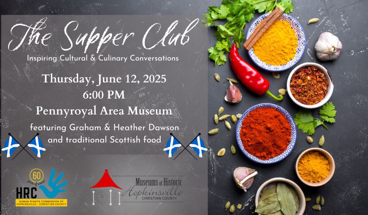 Colorful spices in bowls are surrounded by peppers and fresh herbs. The Supper Club, Thursday, April 10 at 6pm at the Pennyroyal Area Museum featuring Heather and Graham Dawson preparing traditional Scottish foods.