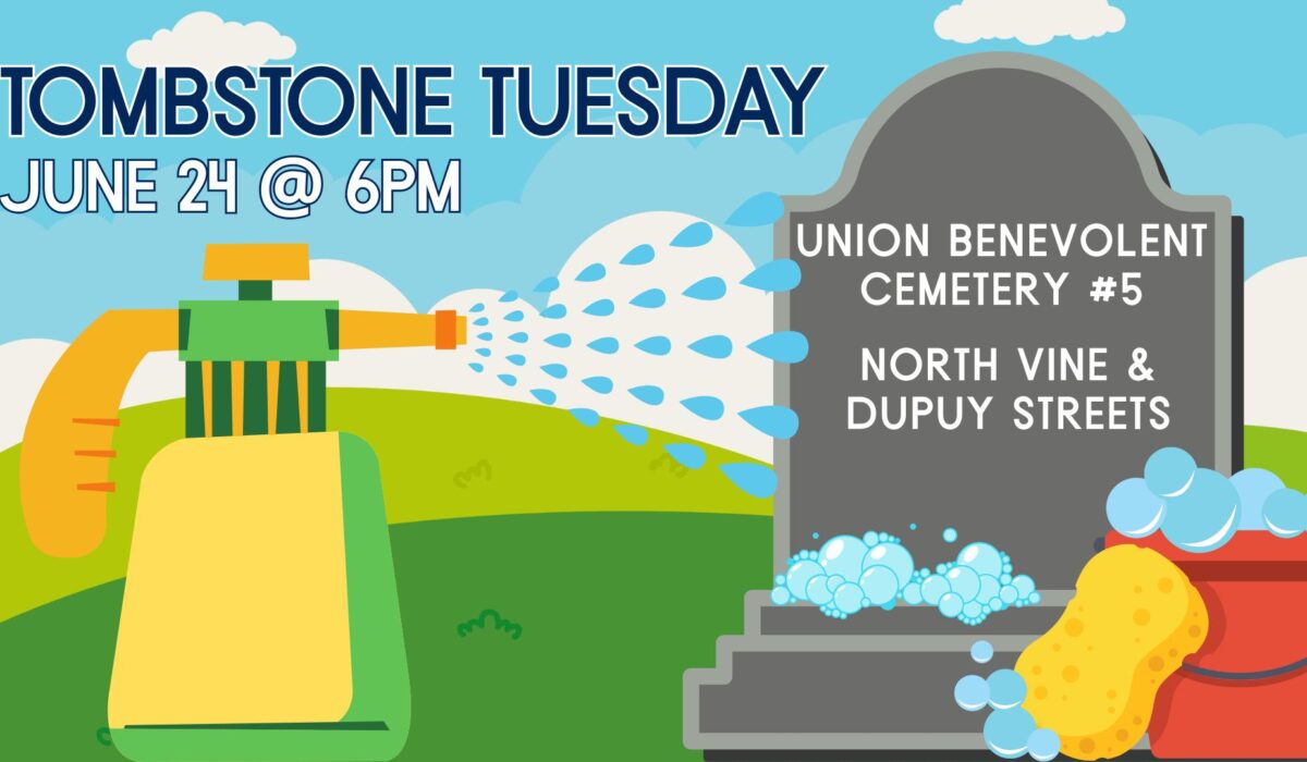 A green and yellow sprayer sprays water on a gray tombstone. The tombstone says "Union Benevolent Cemetery #5, North Vine and Dupuy Streets" and has bubbles and a bucket and sponge on it. Tombstone Tuesday, June 24 at 6pm