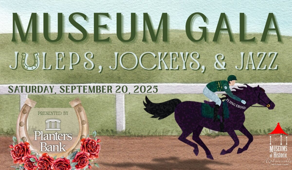 Museum Gala banner at top with Juleps, Jockeys, & Jazz and Sponsorship Opportunities outlined. The background is a watercolor of a blue sky with green hills and a horse and jockey running on a track. A large horseshow with red roses and the Planters Bank logo is on the bottom left.
