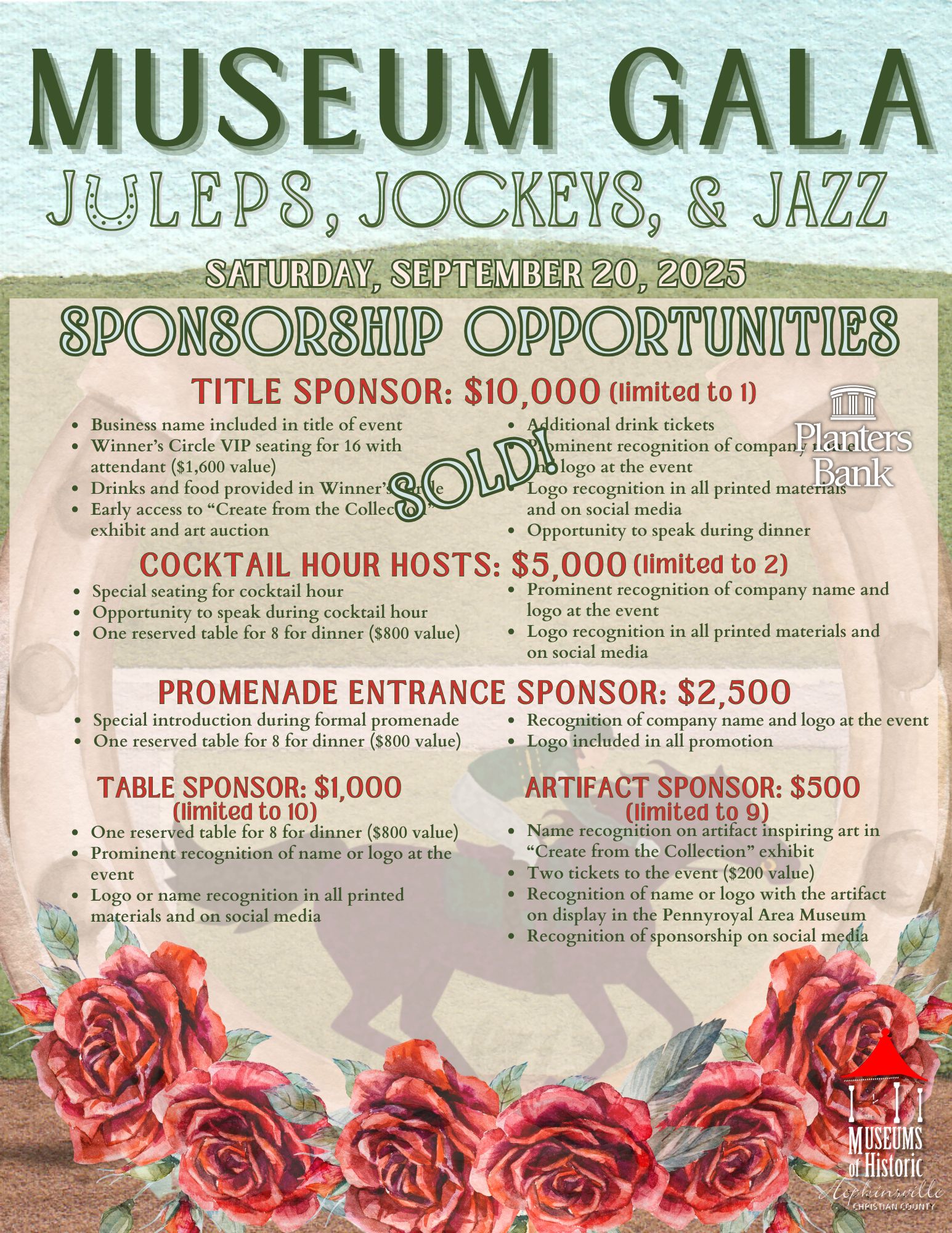 Museum Gala banner at top with
Juleps, Jockeys, & Jazz and Sponsorship Opportunities outlined. The background is a watercolor of a blue sky with green hills and a horse and jockey running on a track. A large horseshow with red roses is overlaid.