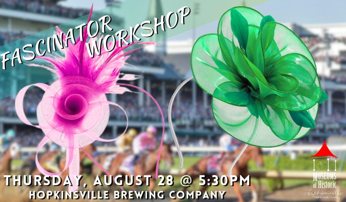 A bright pink and a bold green decorative headband with feathers and flowers with a blurry background of Churchill Downs and the Kentucky Derby to promote the Fascinator Workshop on August 28 at 5:30pm at Hopkinsville Brewing Company