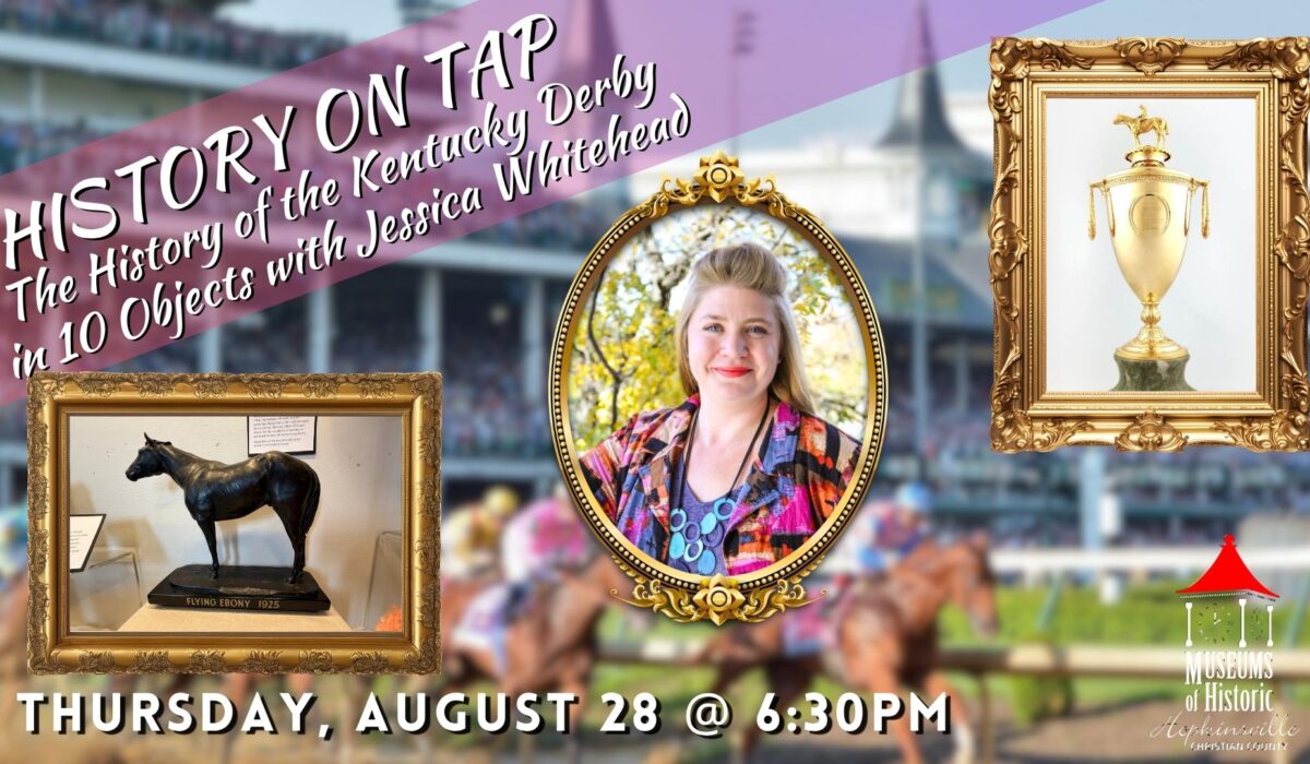 A blurry image on Churchill Downs creates the background with frames containing images of a black horse, a woman in a colorful blouse, and a gold trophy dominate the foreground.