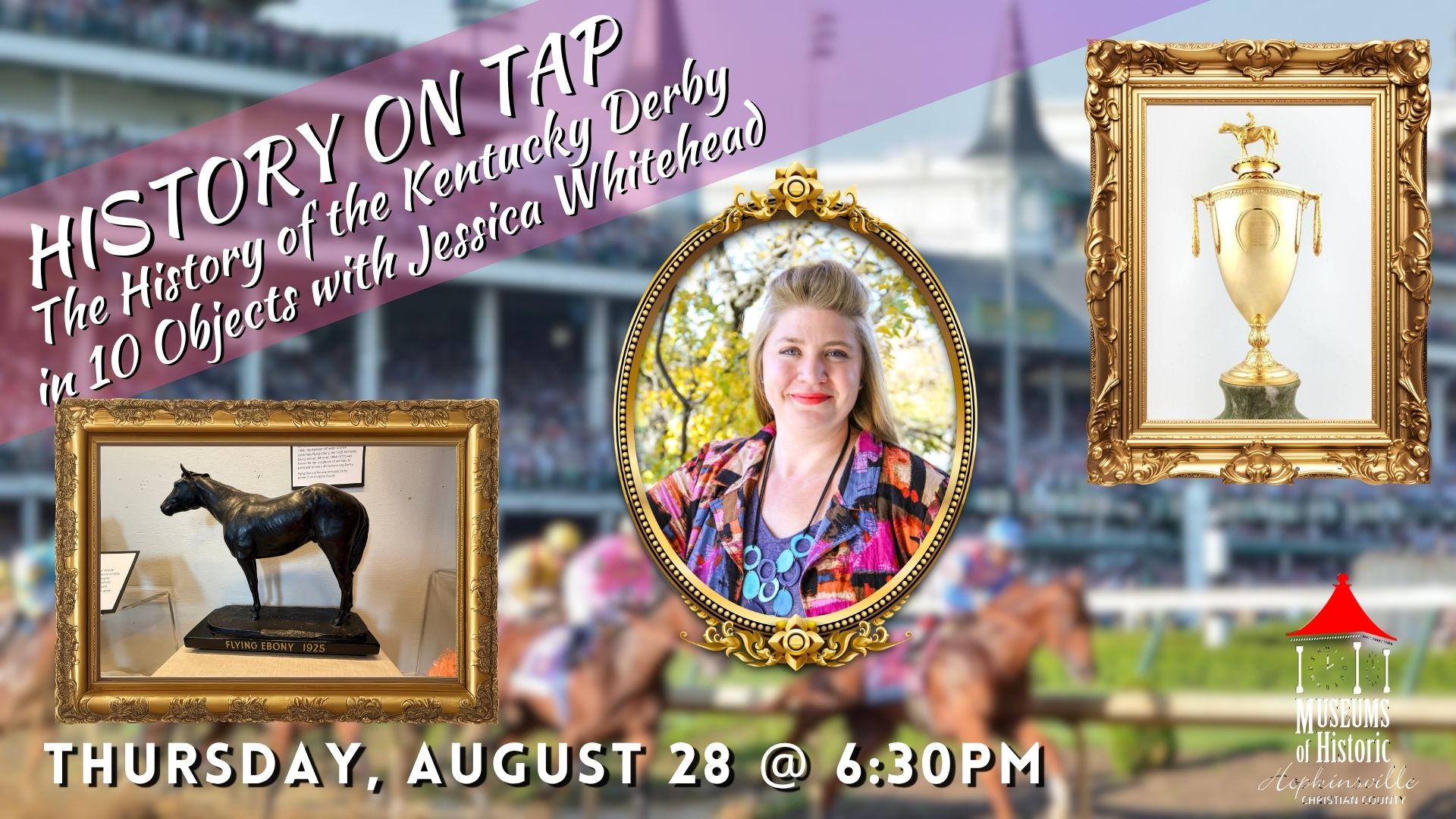 A blurry image on Churchill Downs creates the background with frames containing images of a black horse, a woman in a colorful blouse, and a gold trophy dominate the foreground.