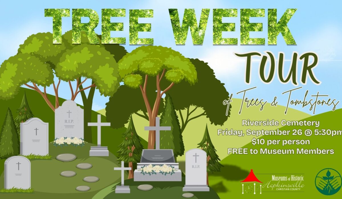 Green hills with a graveyard along a blue sky make up the background for the Tree Week Tour of Trees and Tombstones, Friday, September 26 at 5:30pm at Riverside Cemetery