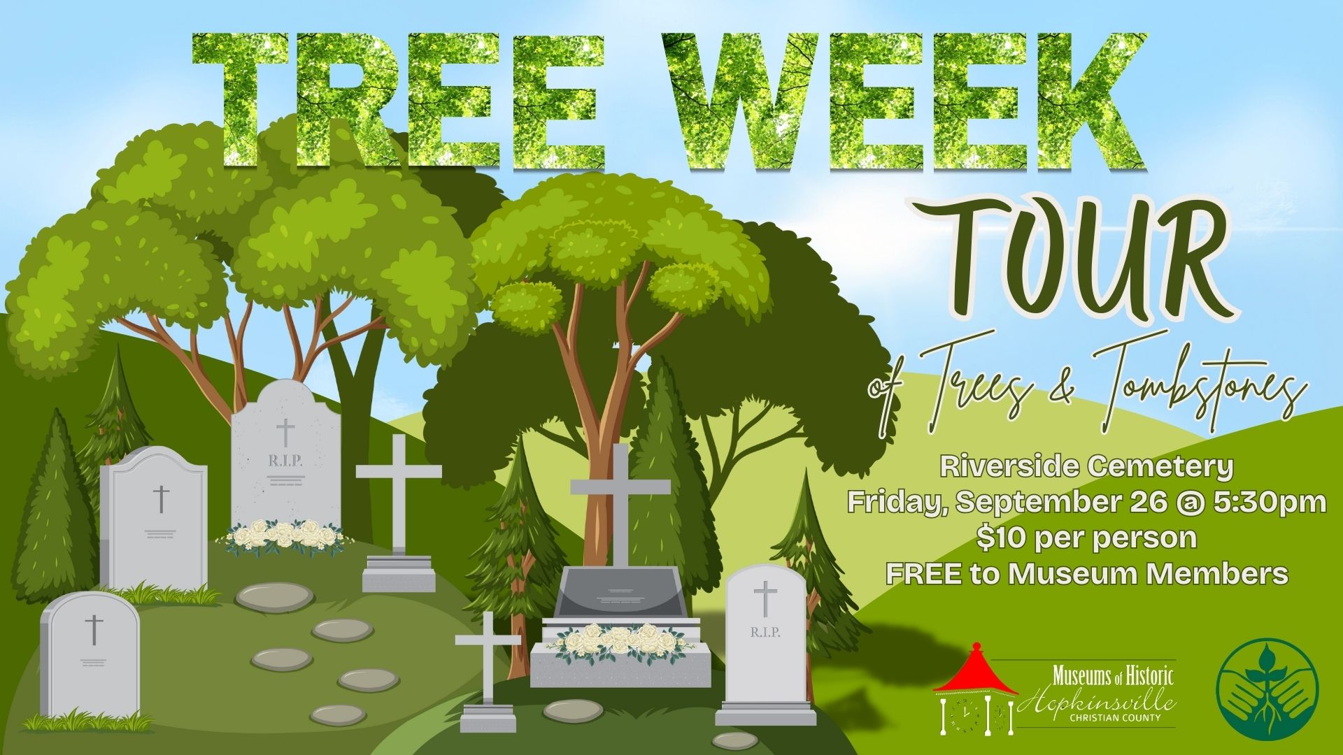 Green hills with a graveyard along a blue sky make up the background for the Tree Week Tour of Trees and Tombstones, Friday, September 26 at 5:30pm at Riverside Cemetery
