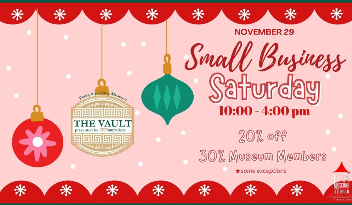 Vintage ornaments on a pink background with a red scalloped edge. Small Business Saturday, 10am-4pm