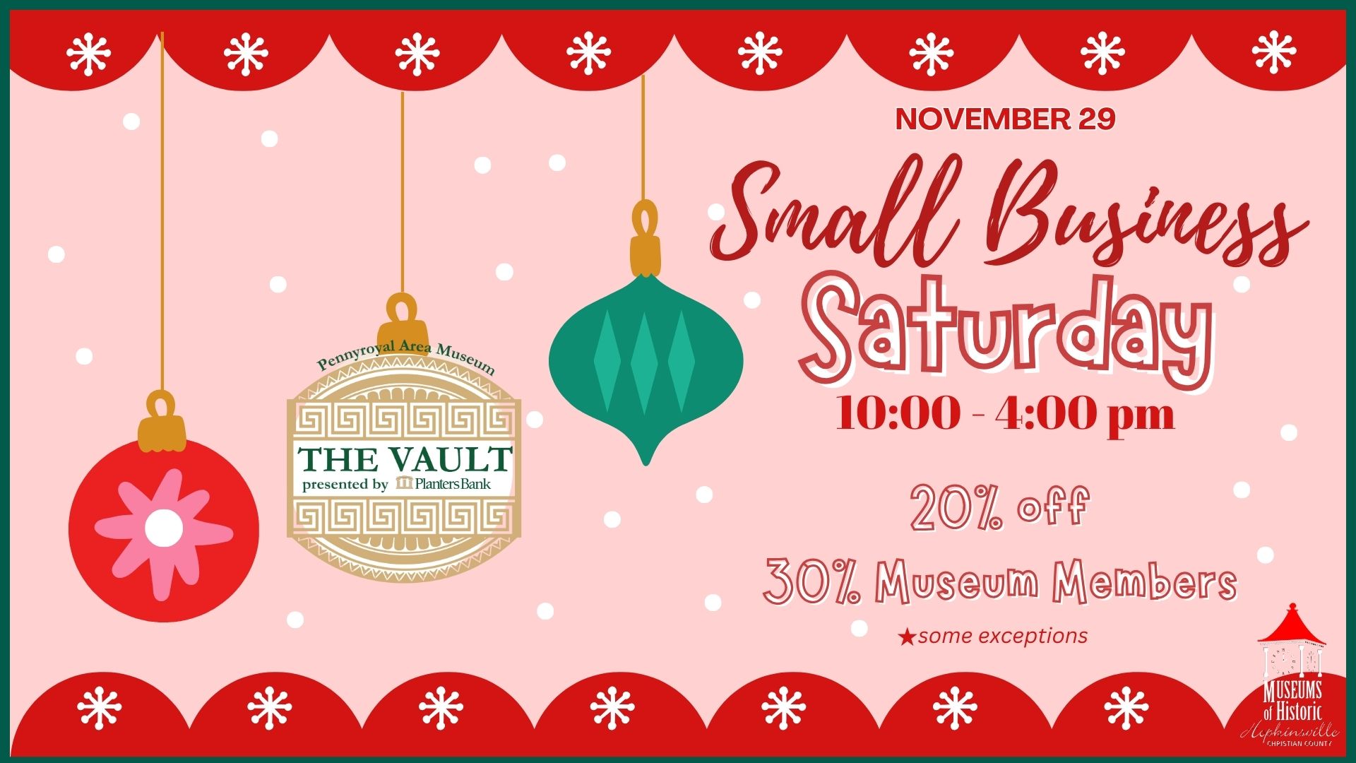 Vintage ornaments on a pink background with a red scalloped edge. Small Business Saturday, 10am-4pm
