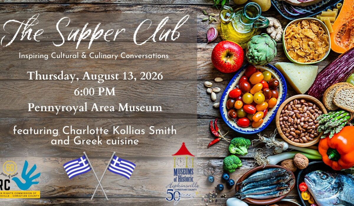 Colorful foods are displayed on a wooden tray. The Supper Club, Thursday, August 13 at 6pm at the Pennyroyal Area Museum featuring Charlotte Kollias Smith cooking Greek favorites