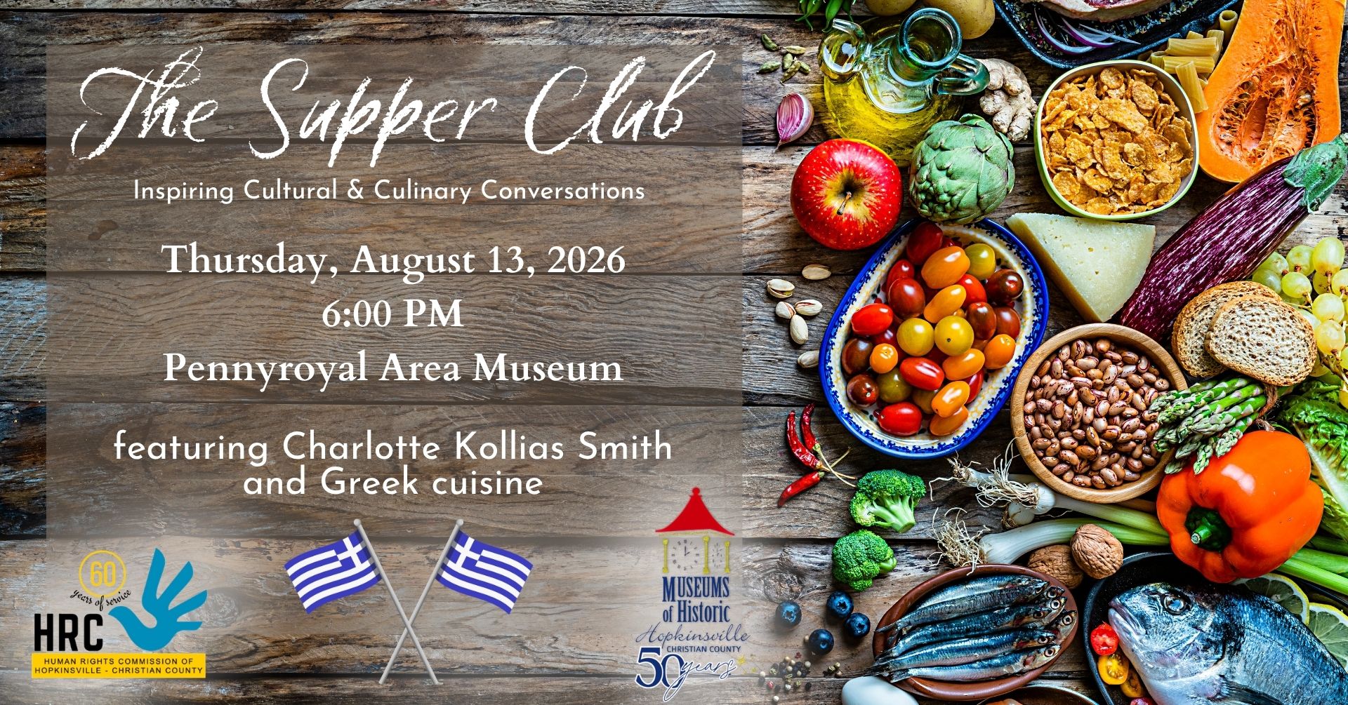 Colorful foods are displayed on a wooden tray. The Supper Club, Thursday, August 13 at 6pm at the Pennyroyal Area Museum featuring Charlotte Kollias Smith cooking Greek favorites