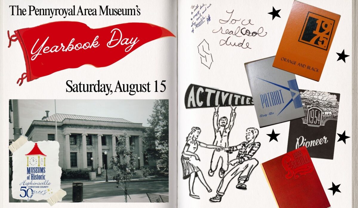 A yearbook is open to show pages with a photograph of the museum, a red pennant banner, and other yearbook graphics.