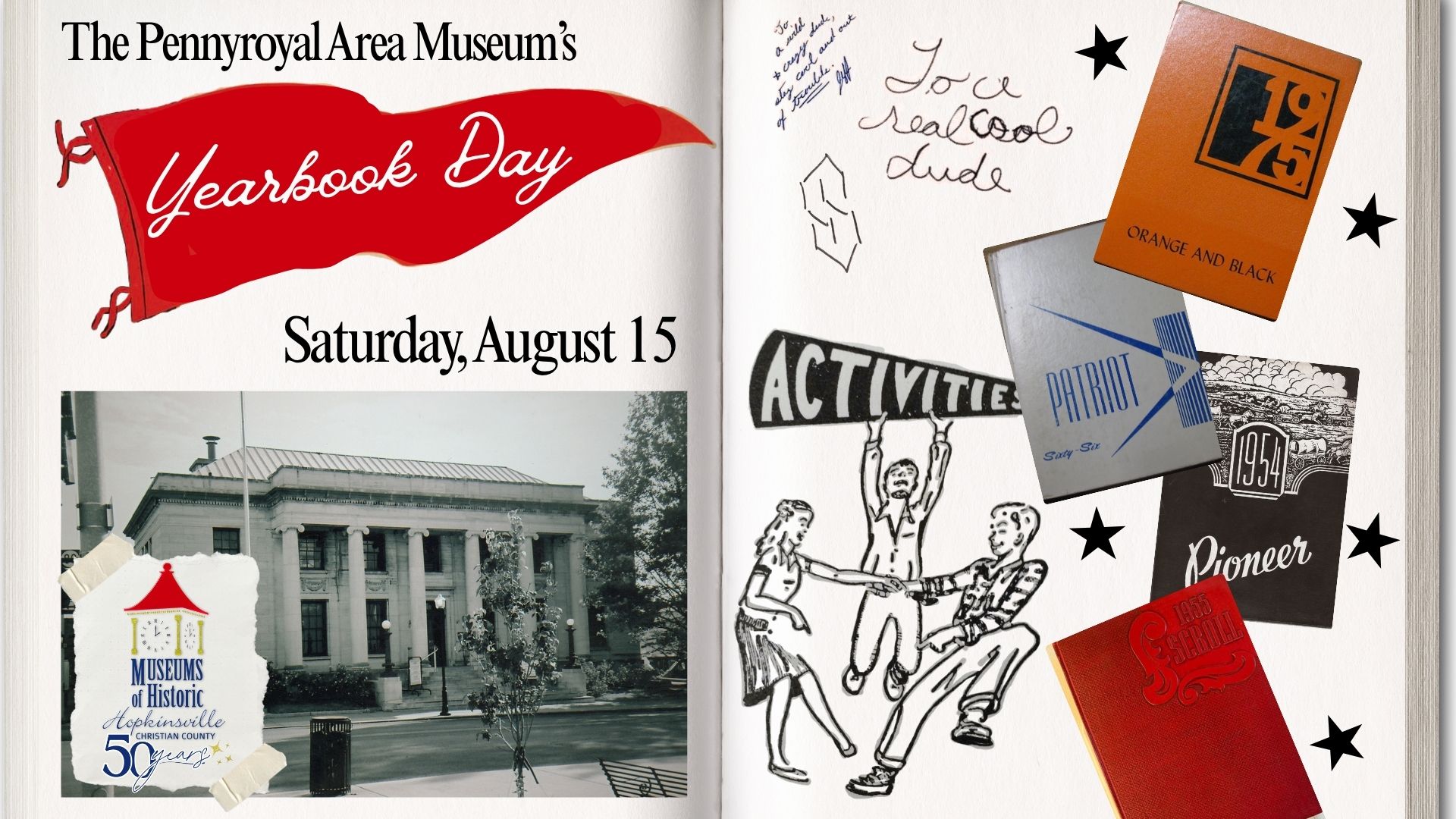 A yearbook is open to show pages with a photograph of the museum, a red pennant banner, and other yearbook graphics.