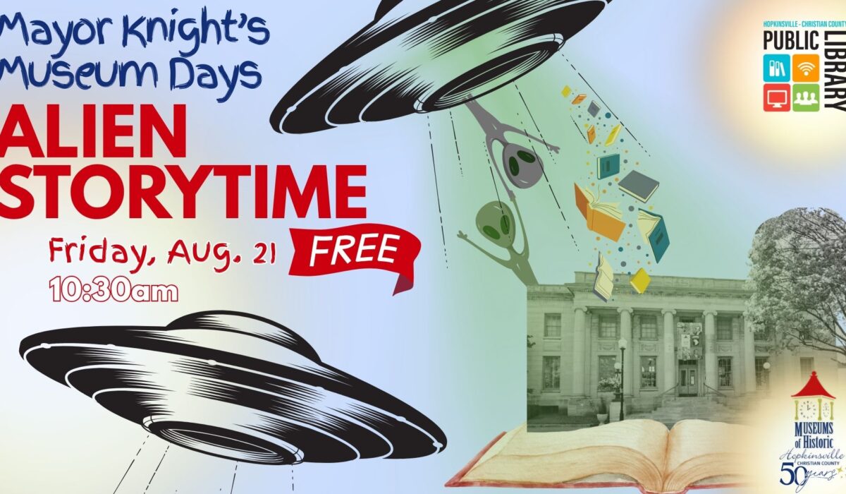 A spaceship beams up aliens and books over the Museum building.
