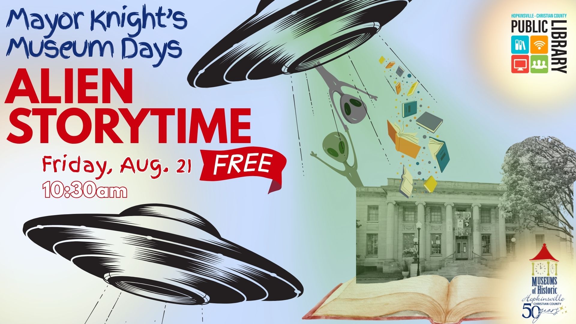 A spaceship beams up aliens and books over the Museum building.