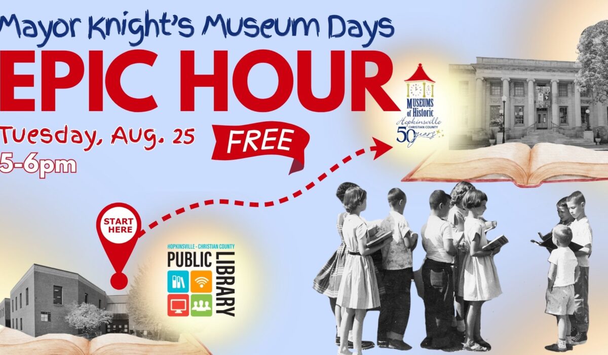 Images of the library and the museum are connected by a red dotted line with a group of a children pictured in the bottom right