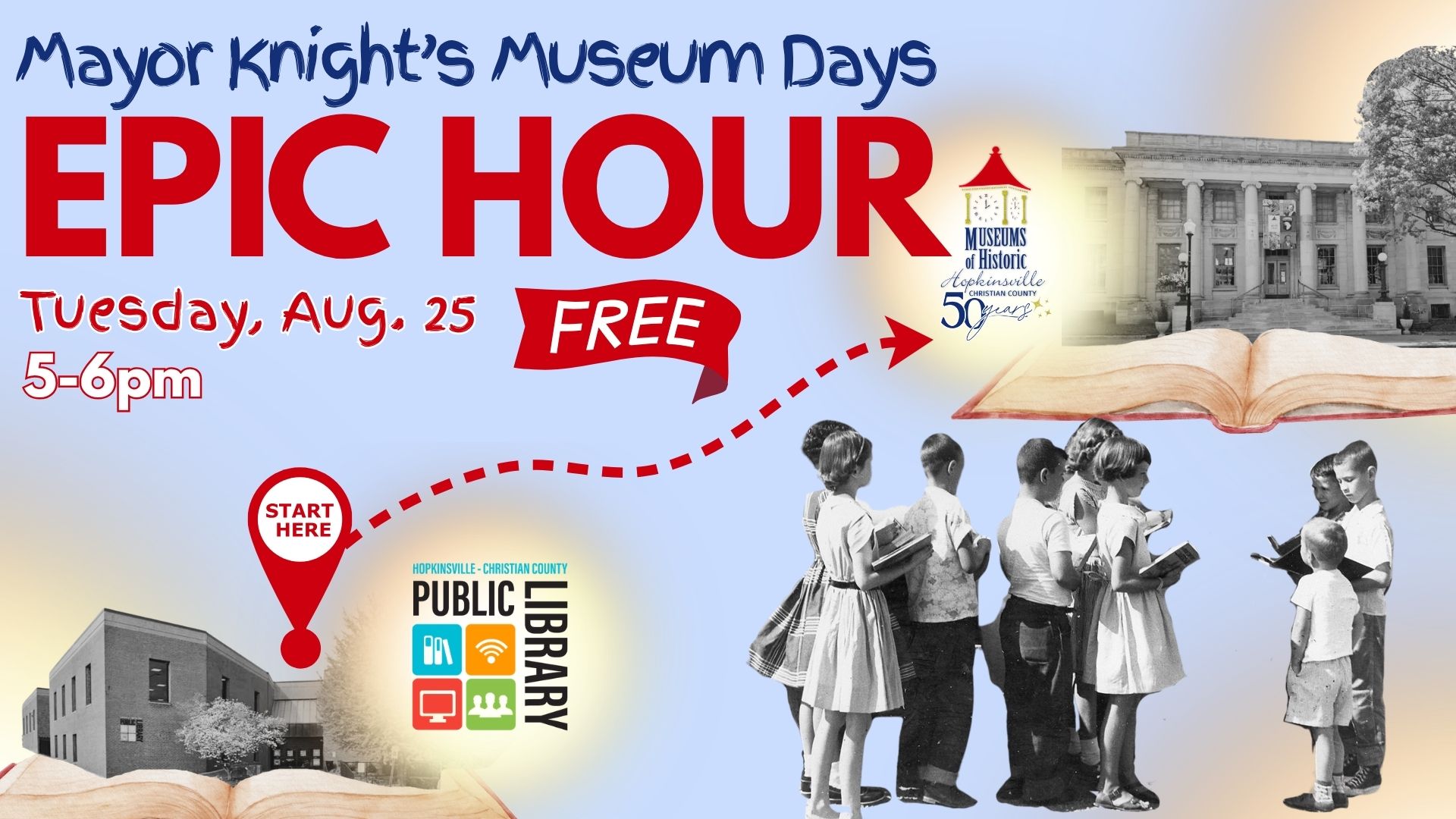 Images of the library and the museum are connected by a red dotted line with a group of a children pictured in the bottom right